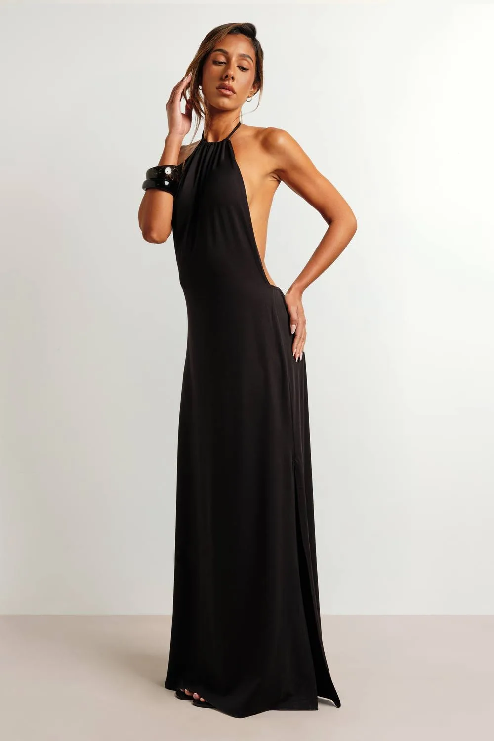 Ruched Neckline Halter Low Back Super Soft Maxi Dress by boohoo