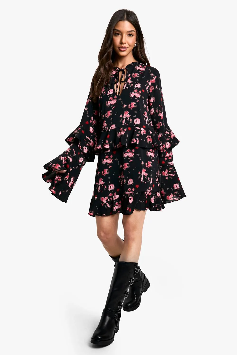Floral Printed Long Sleeve Keyhole Detail Skater Dress by boohoo