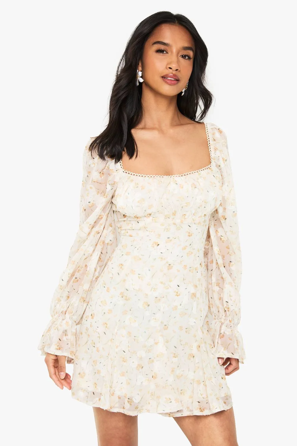 Petite Chiffon Jacquard Floral Angel Sleeve Mini Dress by boohoo