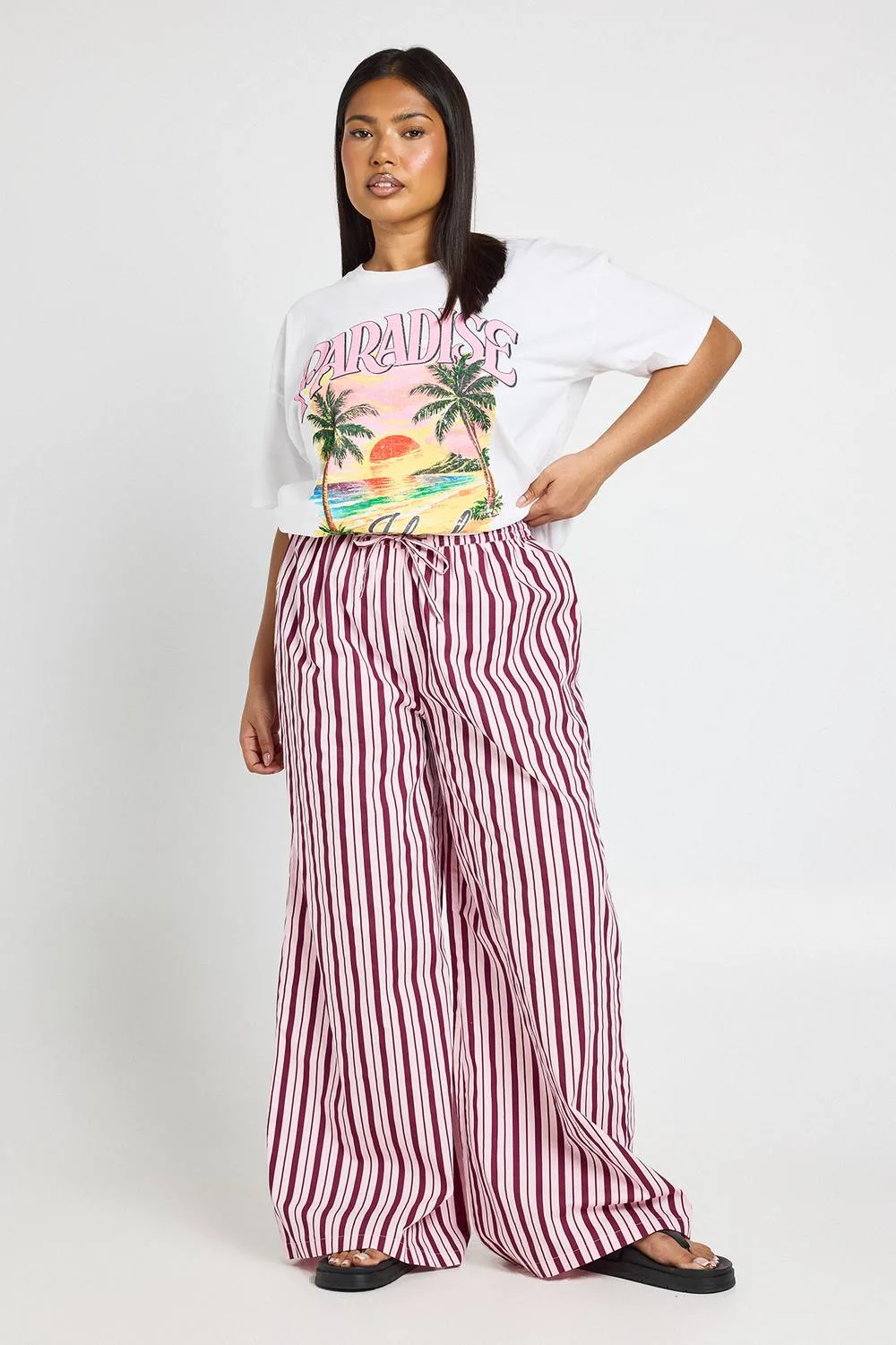 Stripe Poplin Drawcord Wide Leg Trouser