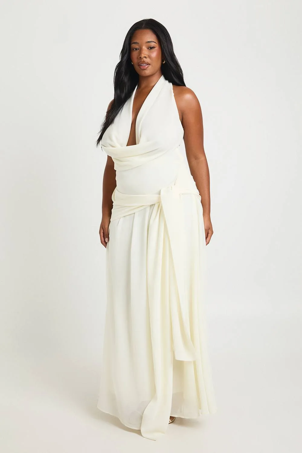 Chiffon Extreme Cowl Neck Tie Waist Maxi Dress by boohoo