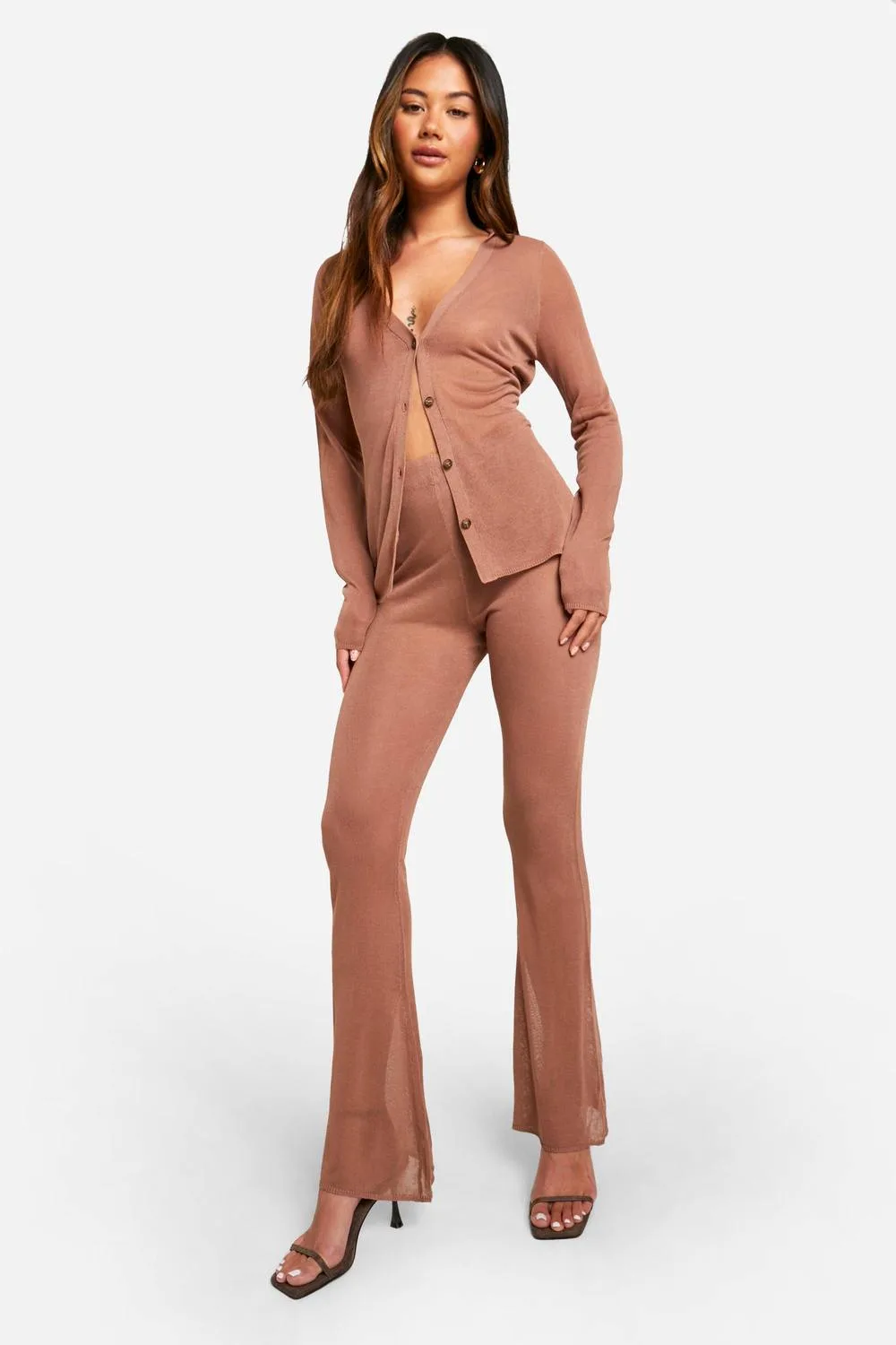 Sheer Fine Knitted Shirt & Flared Trouser Set by boohoo