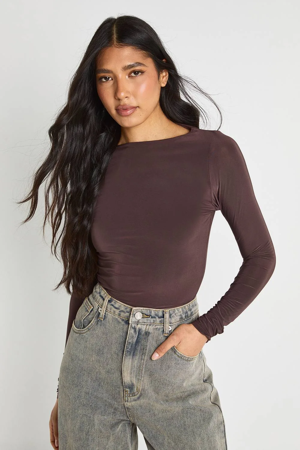 Double Layer Slinky Long Sleeve Top by boohoo