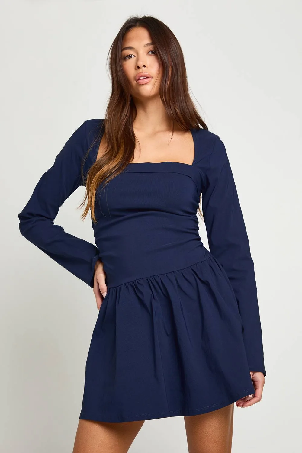 Square Neck Long Sleeve Skater Mini Dress by boohoo
