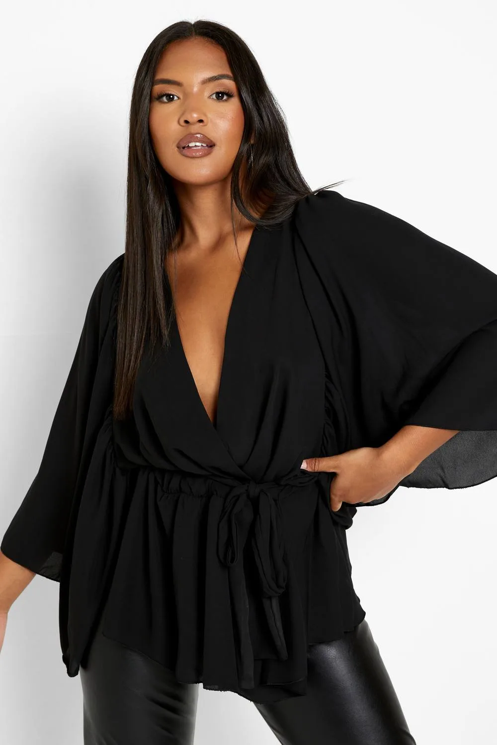 Angel Sleeve Wrap Peplum Blouse by boohoo