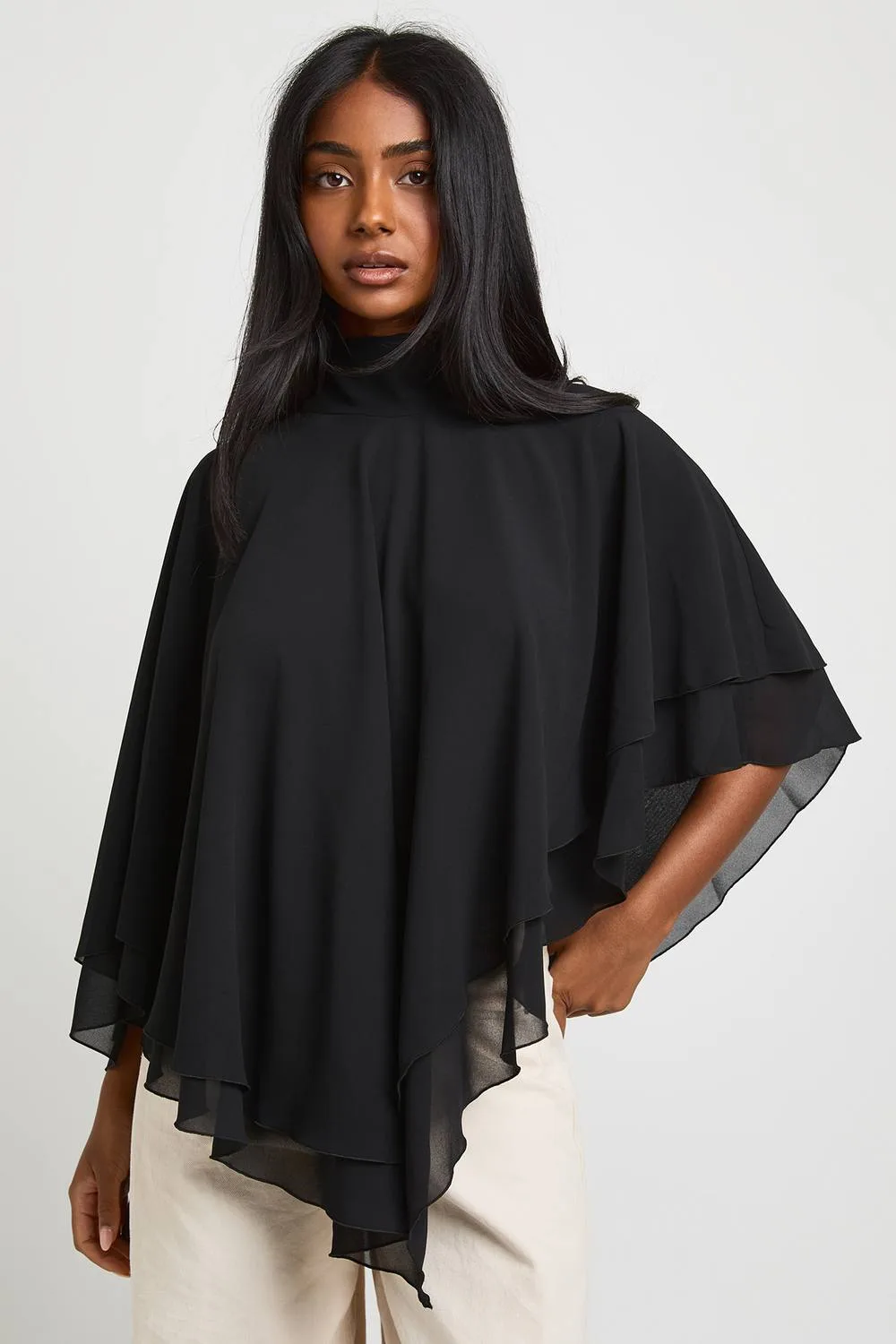 Funnel Neck Chiffon Cape Top by boohoo