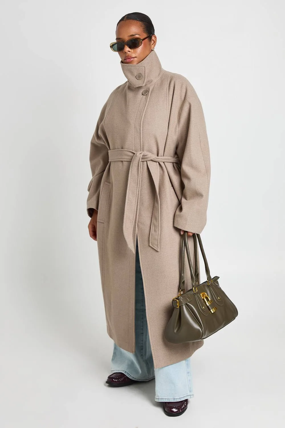 Funnel Neck Belted Wool Look Coat by boohoo