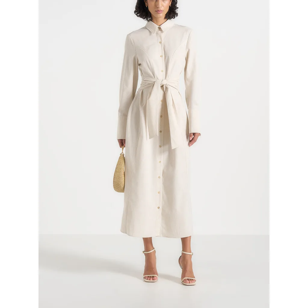 Fern Linen Midi Shirt Dress with Tie Waist by Manière De Voir