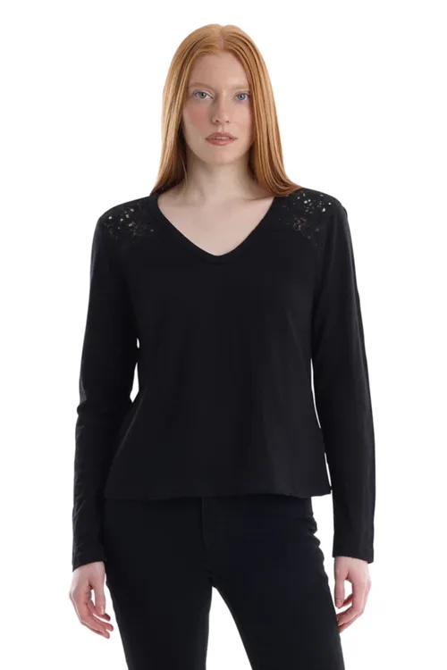 V-Neck Long Sleeve Mixed Media Tee with Lace Inset by WILT Clothing