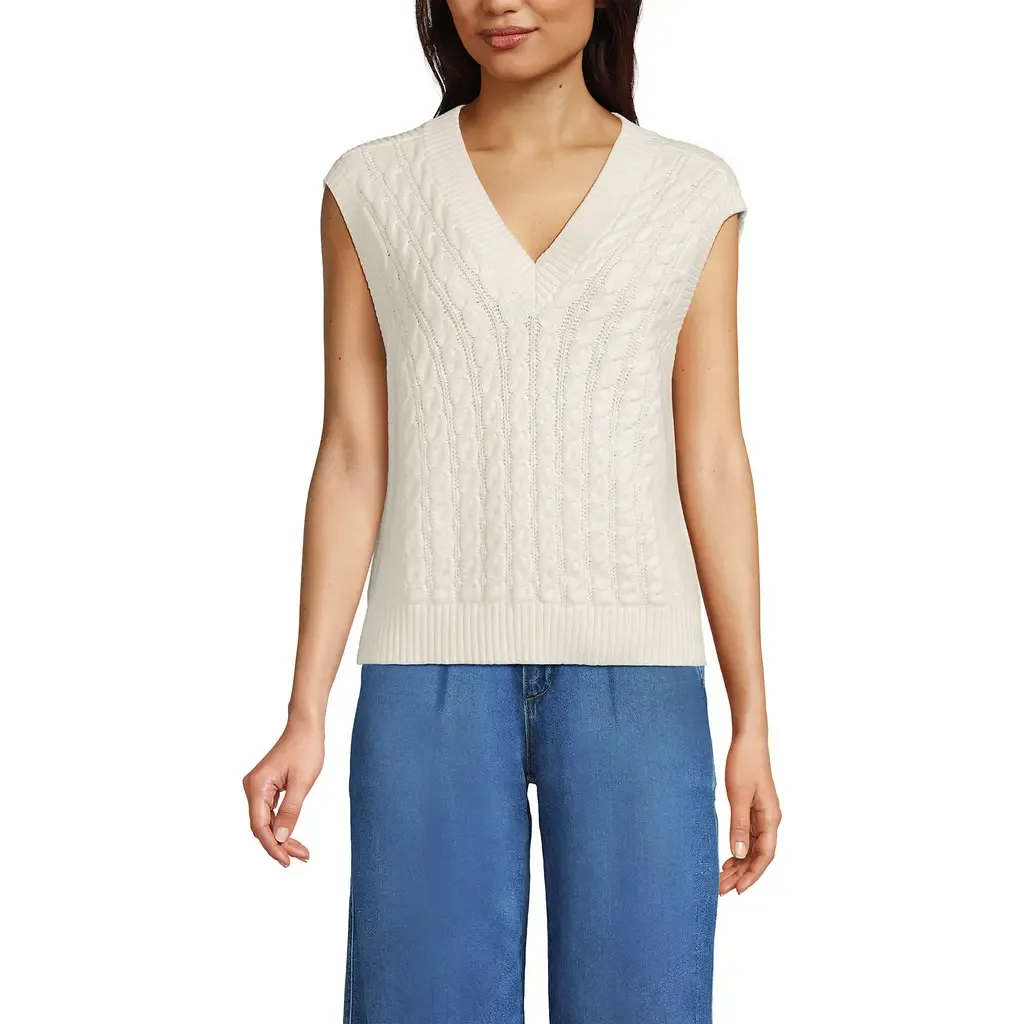 Drifter Modern Cable V Neck Vest Sweater by Lands' End