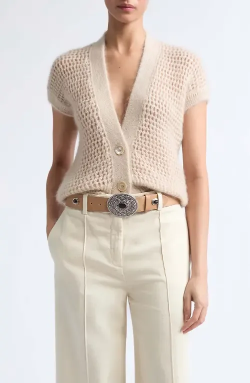 Open Stitch Short Sleeve Merino Wool & Silk Cardigan by Eleventy