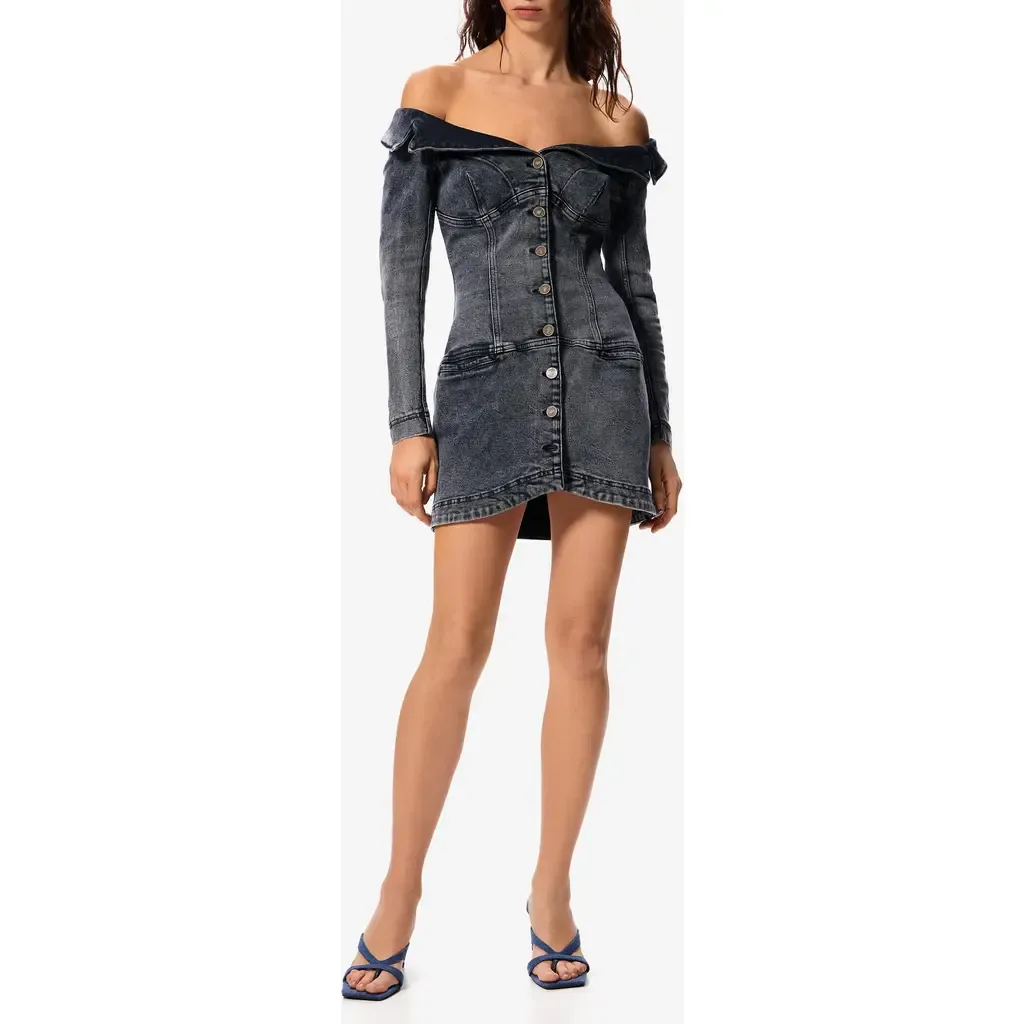 Desigual x Masha Popova Long Sleeve Off the Shoulder Denim Minidress by Desigual