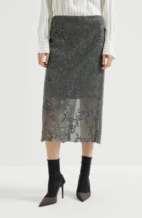 Dazzling Lace Embroidery Pencil Skirt in Sparkling Mohair and Wool by Brunello Cucinelli