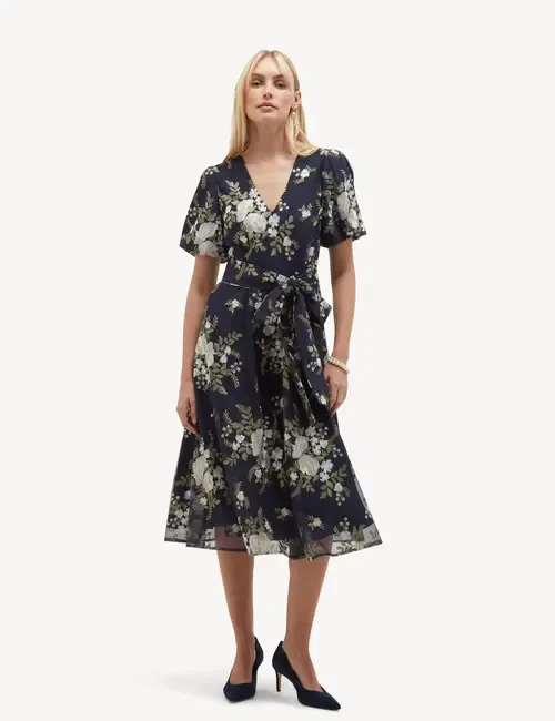 Ira Embroidered V-Neck Midi Dress