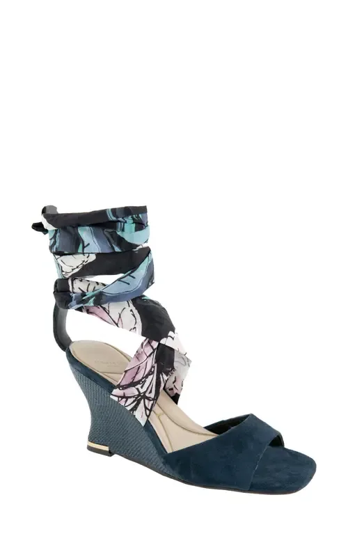 Fabia Ankle Wrap Wedge Sandal in Navy Suede by Kenneth Cole