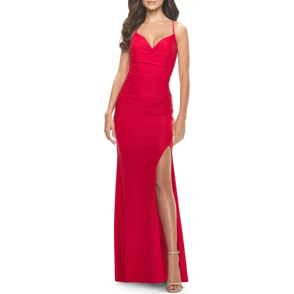 Ruched Jersey Dress with Lace Up Back by La Femme