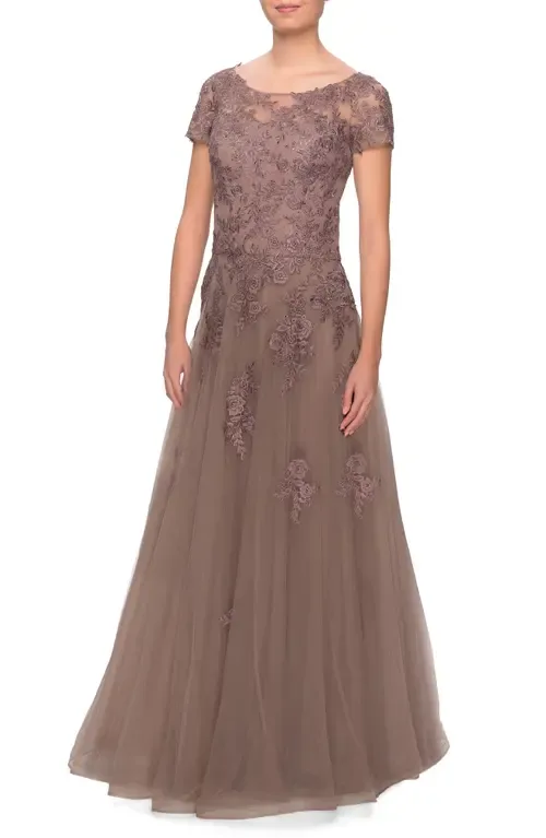 A-Line Formal Gown with Floral Lace Appliques by La Femme