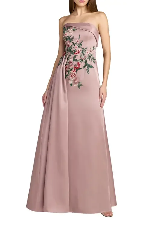 Strapless Satin Beaded Floral Gown by Mac Duggal