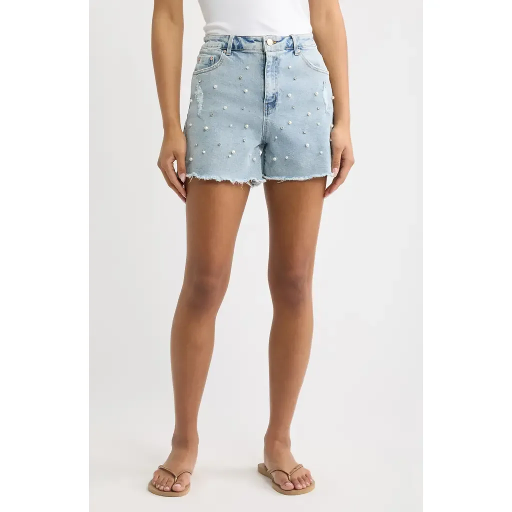 Imitation Pearl and Crystal Denim Cutoff Shorts by Tractr