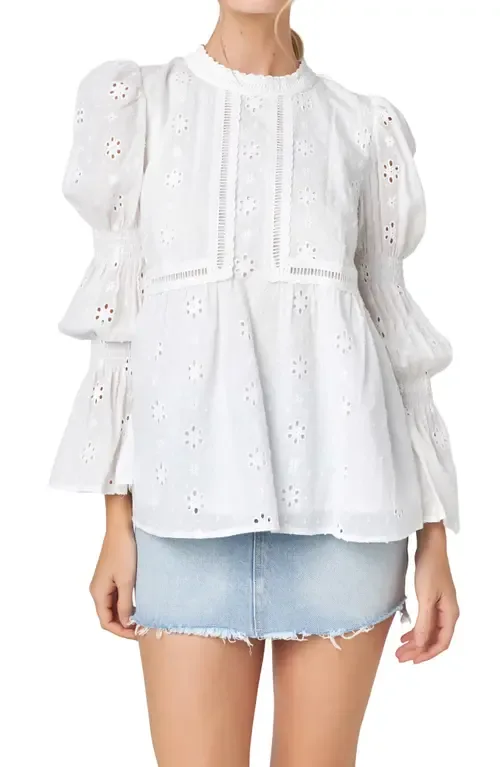 Eyelet Long Sleeve Cotton Top