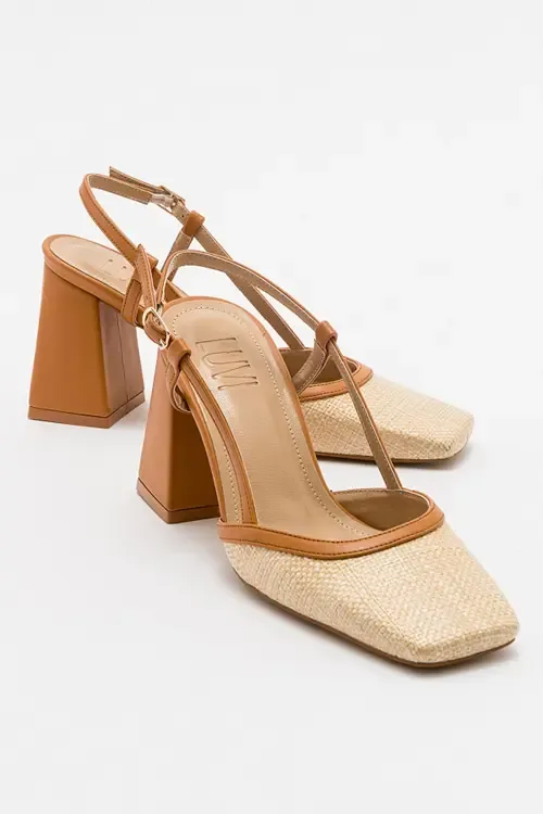 Rivie Raffia Square Toe Block Heel Pump by Prologue Shoes