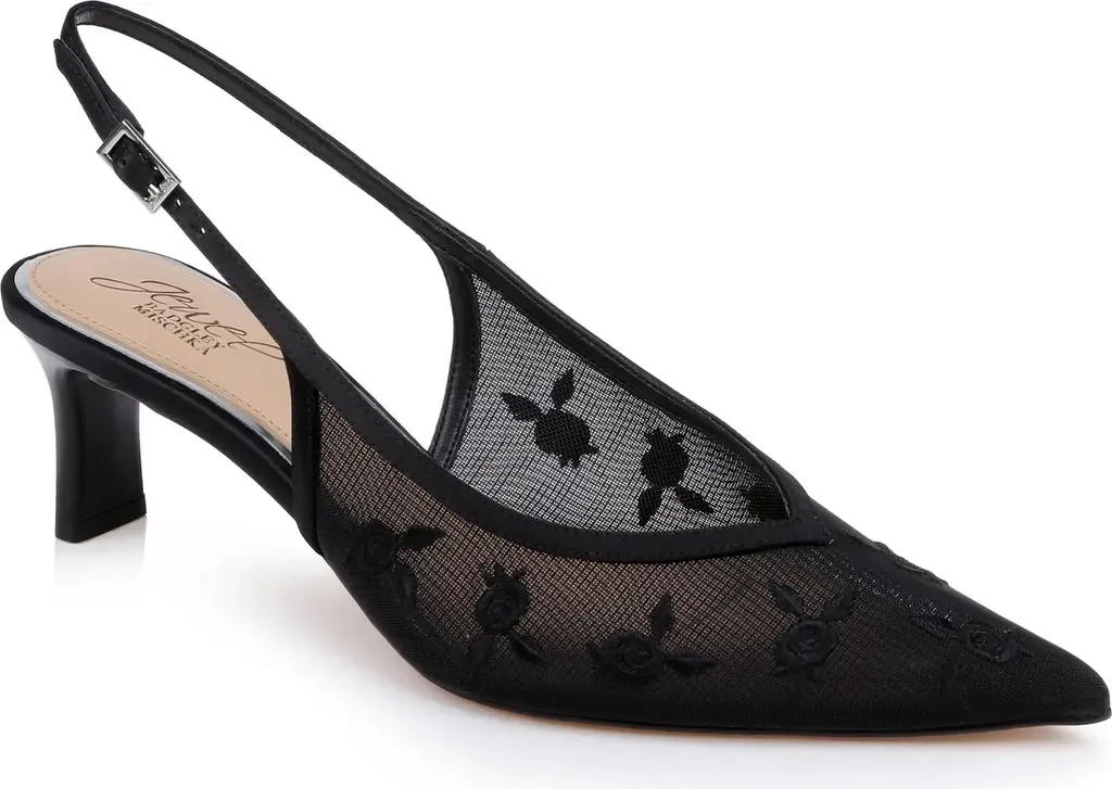 Zahra II Slingback Pointed Toe Pump in Black Satin by Jewel Badgley Mischka
