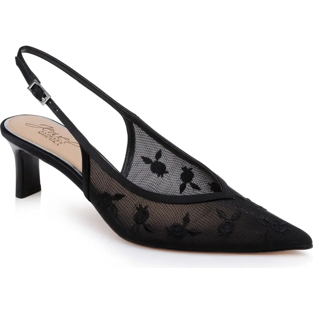 Zahra II Slingback Pointed Toe Pump in Black Satin by Jewel Badgley Mischka