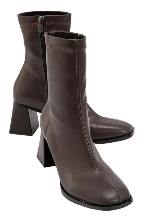 Plesa Chunky Heel Boot in Dark Brown Faux Leather by Prologue Shoes