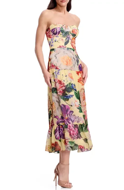 Prescott Floral Strapless Cocktail Midi Dress by Dress the Population