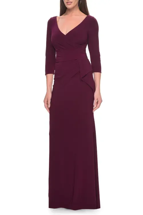 Three Quarter Sleeve Jersey Evening Dress with Ruffle Detail by La Femme
