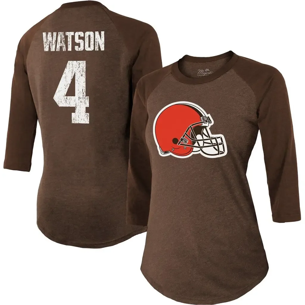 Majestic Threads Deshaun Watson Cleveland Browns Name & Number Raglan 3/4 Sleeve T-Shirt by Majestic Threads