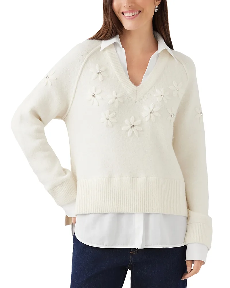 Rhinestone Embroidered Flower Layered Sweater by Karen Kane