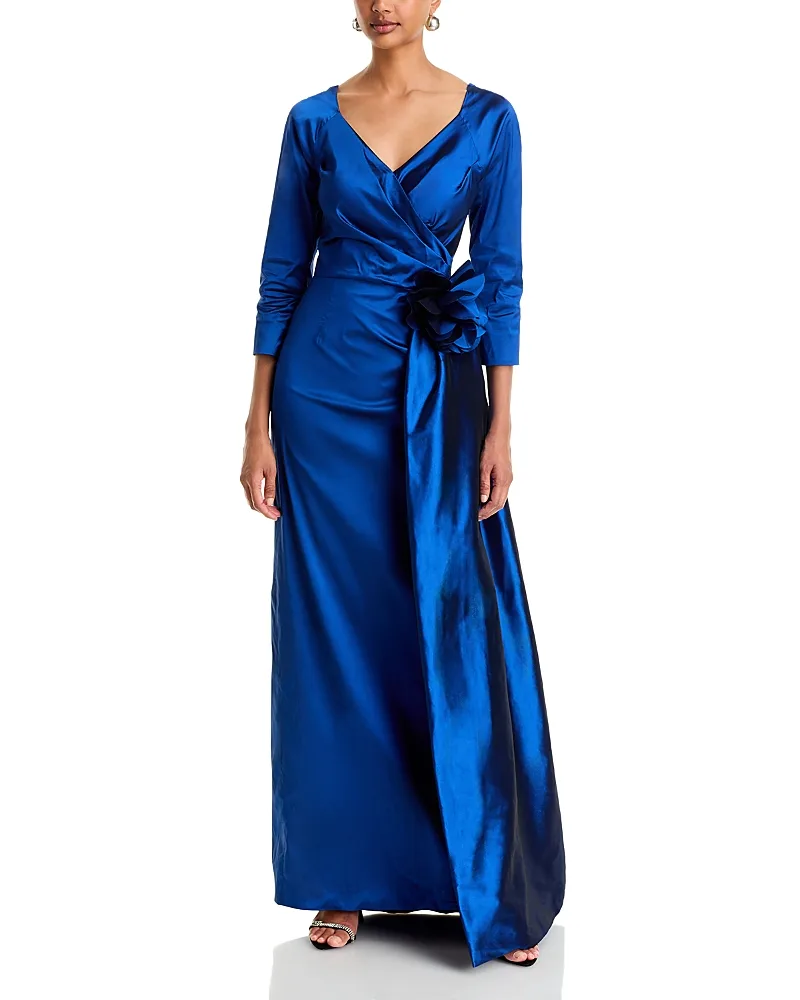 Taffeta Floral Applique Draped Gown by Teri Jon