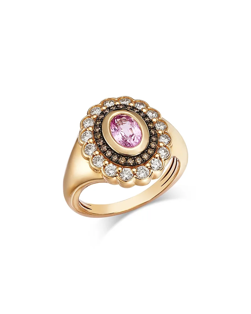 White & Brown Diamond & Pink Sapphire Heirloom Ring in 14K Yellow Gold