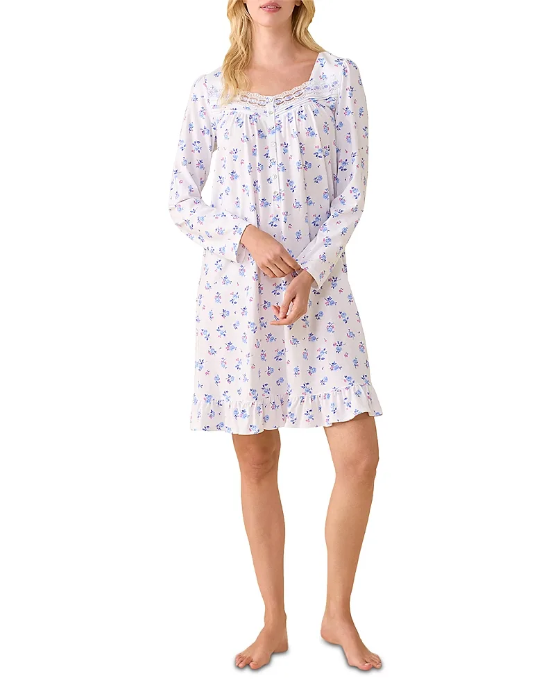 Printed Cotton Jersey Long Sleeve Short Nightgown by Eileen West
