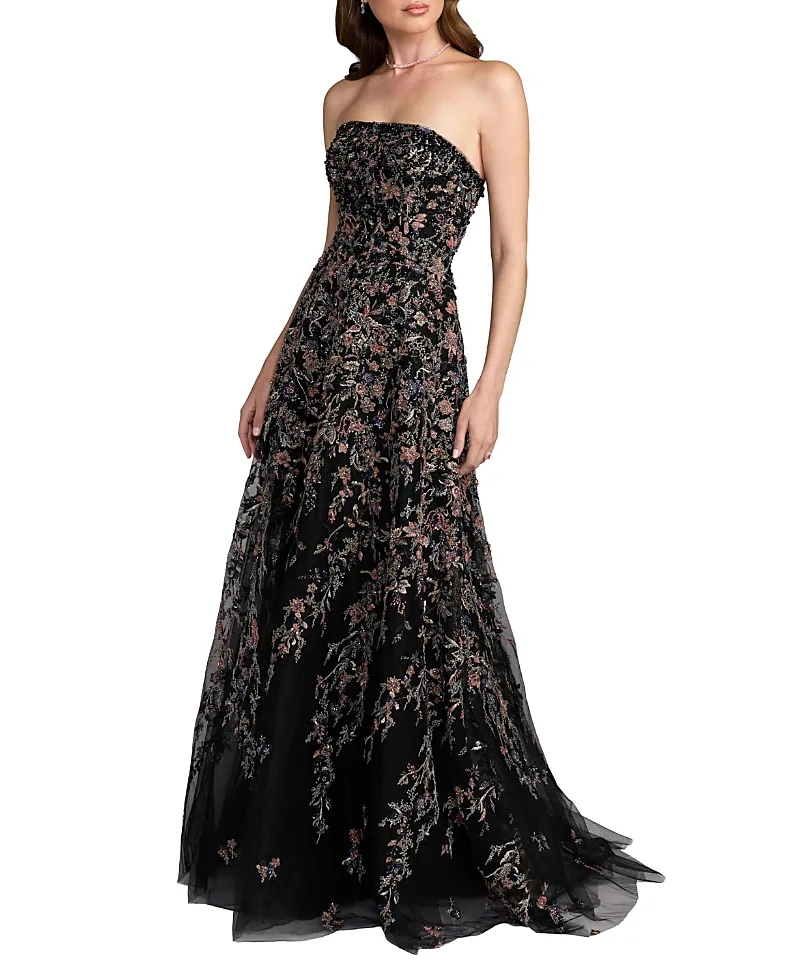 Mac Duggal Strapless Floral Embroidered A-Line Gown