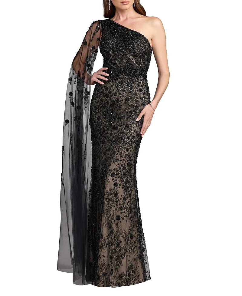Mac Duggal Embellished Lace One Shoulder Gown with Cape Sleeve by M.A.C.