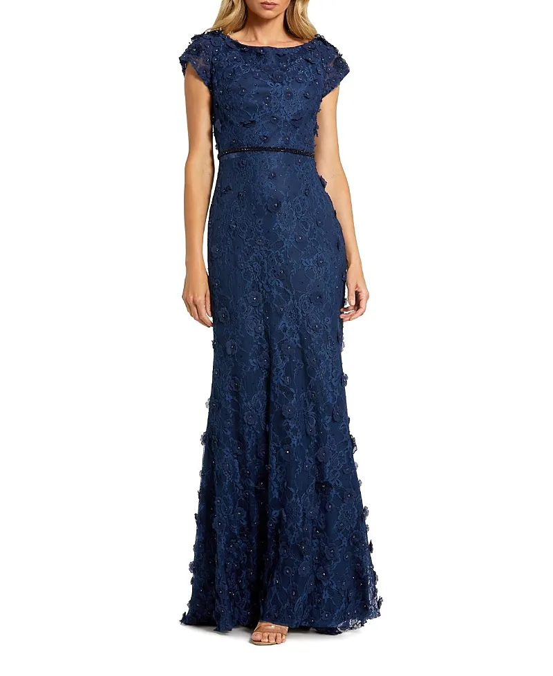 Mac Duggal Floral Applique Boat Neck Cap Sleeve Gown