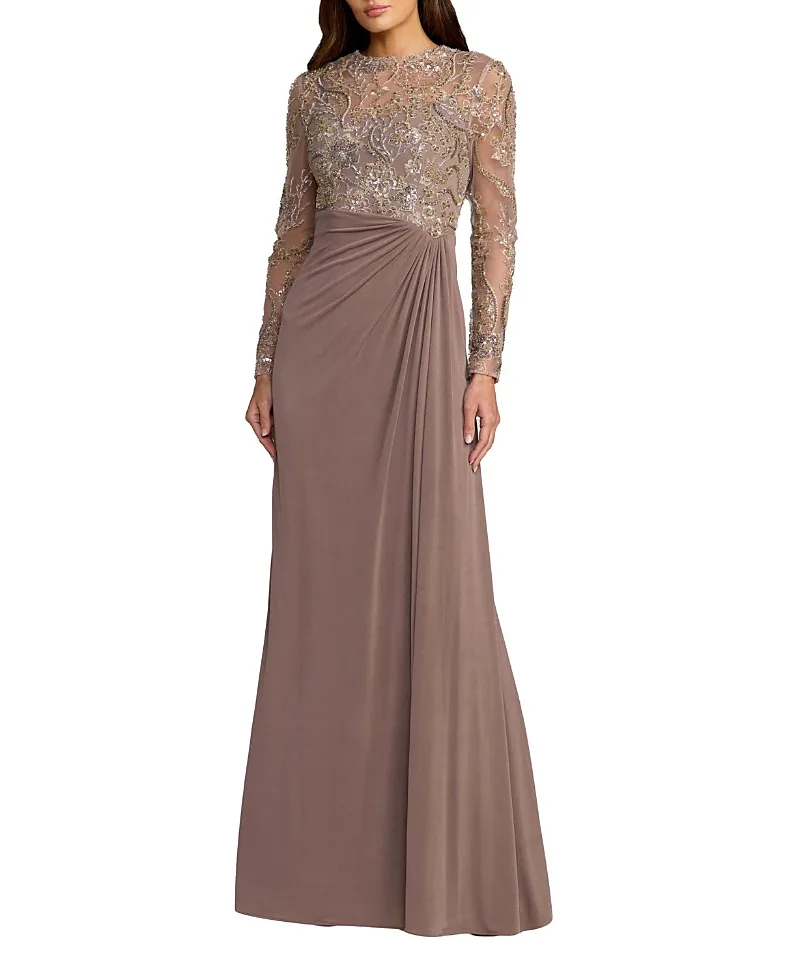 Mac Duggal Sequin Embroidered Long Sleeve Jersey Skirt Gown by M.A.C.