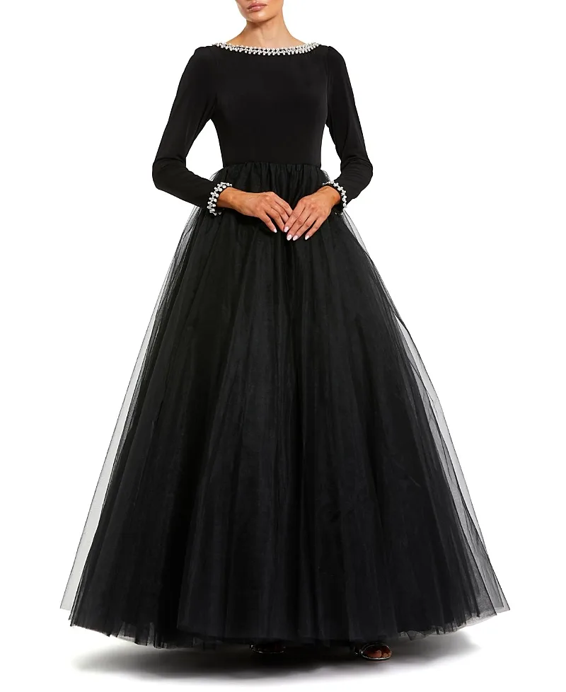 Mac Duggal Embellished Jersey Long Sleeve Ballgown with Tulle Skirt by M.A.C.