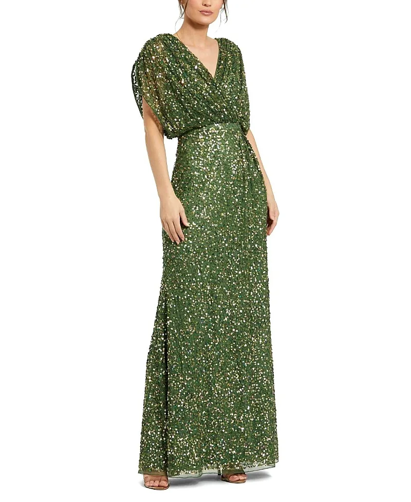 Mac Duggal Draped Sleeves Ruched Waist Detail V-Neck Gown