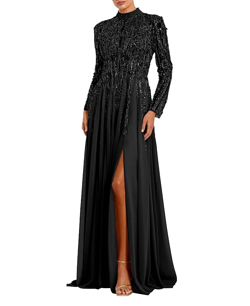 Mac Duggal Long Sleeve High Neck Embellished Satin Gown by M.A.C.