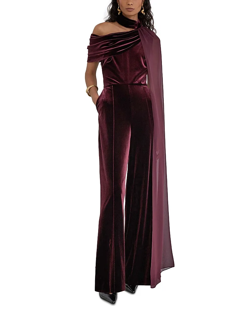 Carrie Stretch Velvet One Shoulder Jumpsuit by Reiss