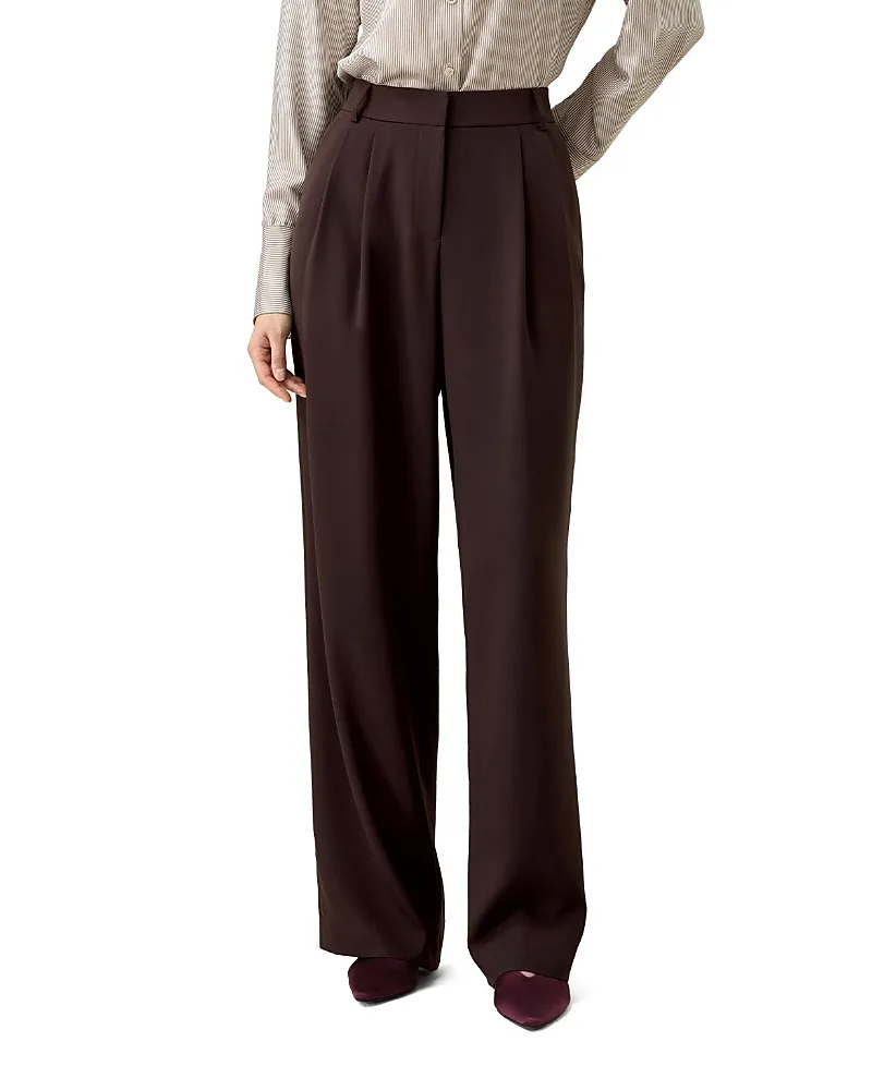 Silk Crepe Pleated Straight Trousers