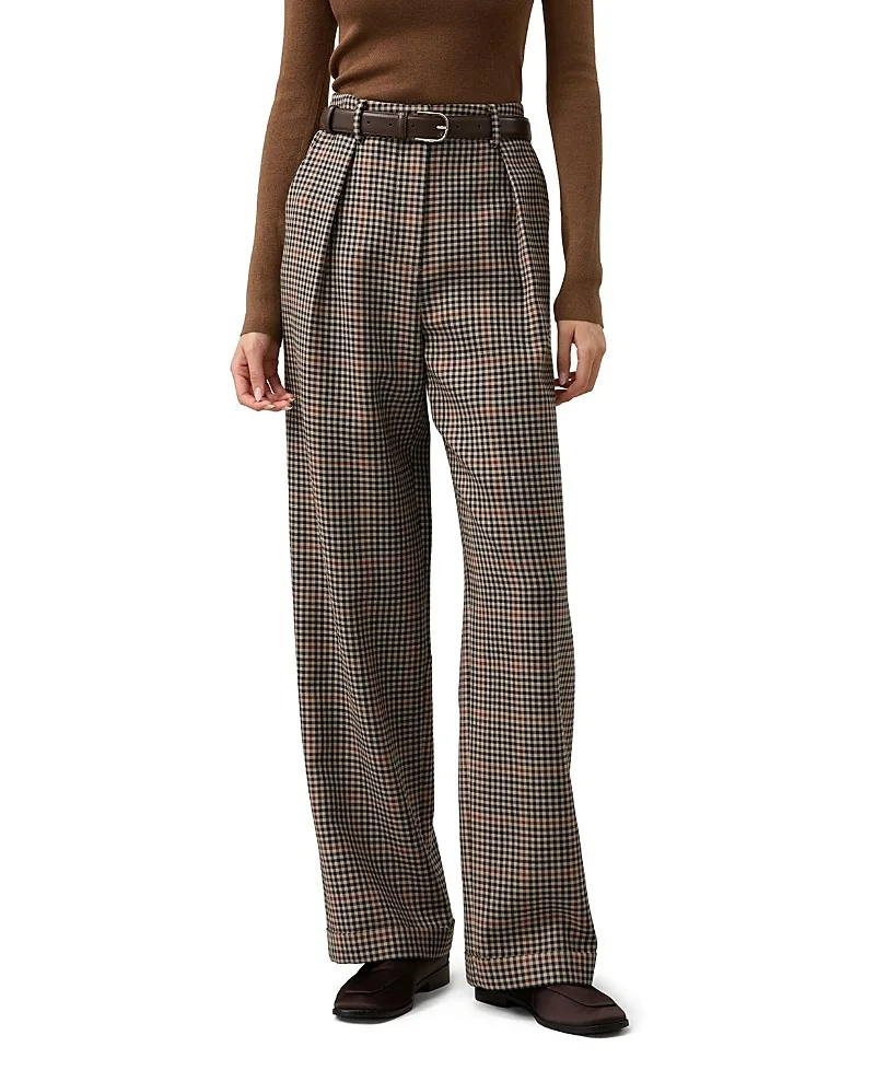 Wool Silk Shepherd Check Straight Leg Pant by Lilysilk