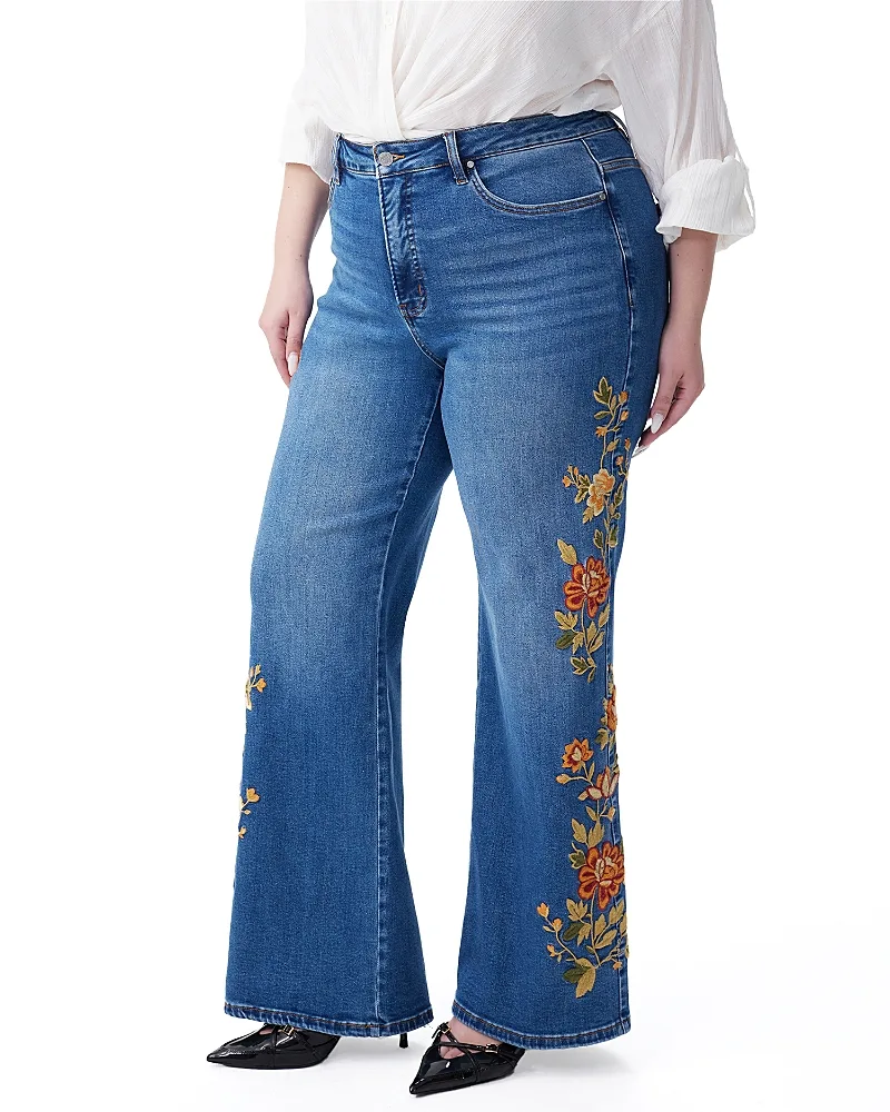 Floral Embroidery Wide Leg Jeans Classic Denim by Bayeas