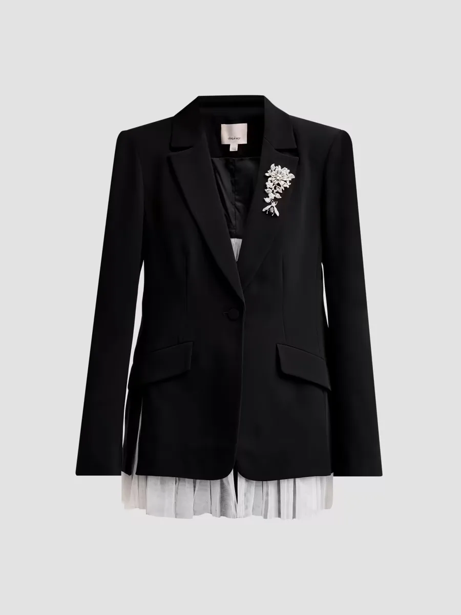 Rosabelle Brooch Ruffle-Hem Blazer by Cinq  Sept