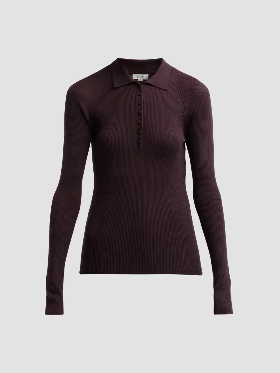 Rib-Knit Wool-Silk Polo Sweater