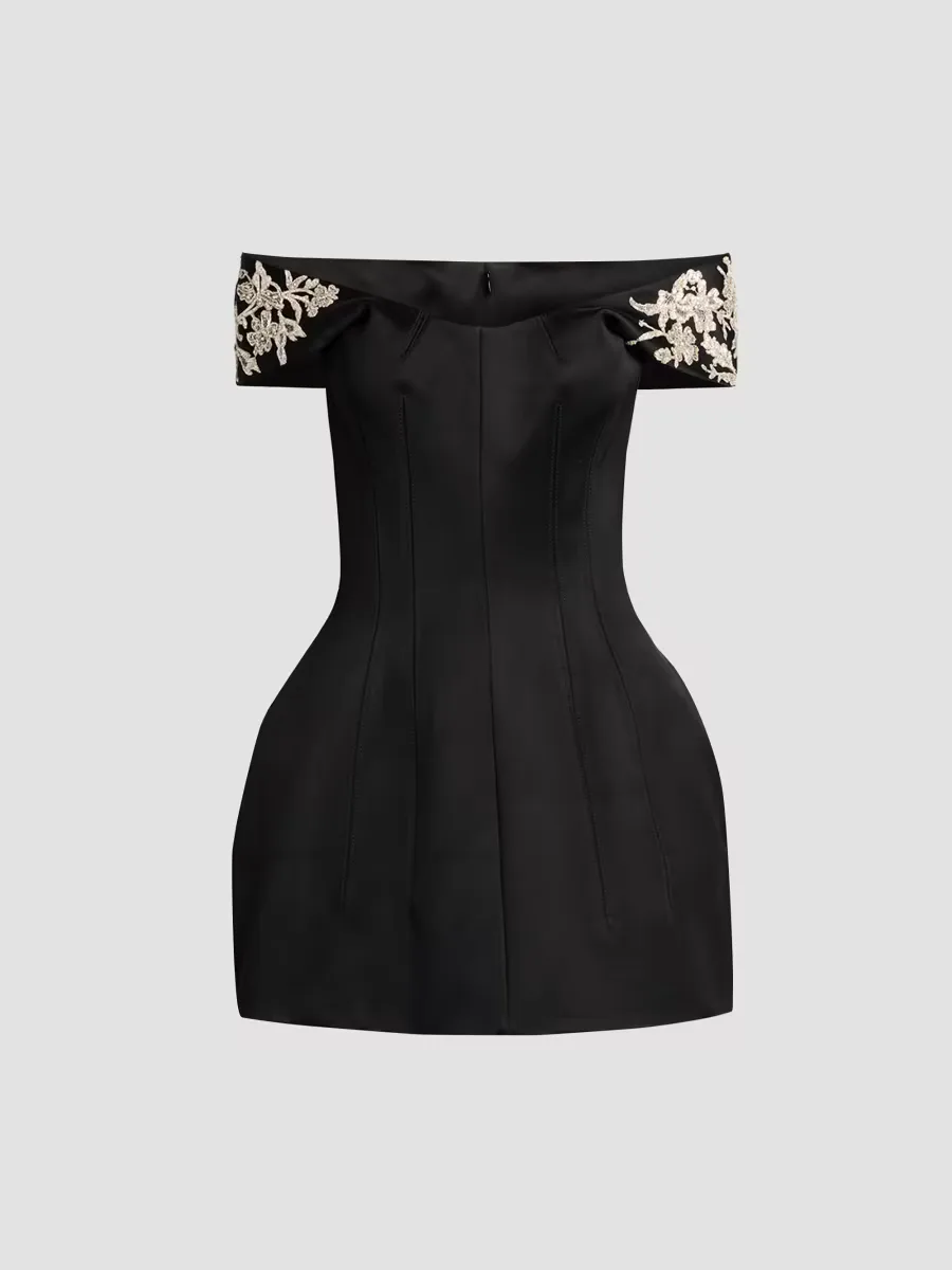 Embellished Off-The-Shoulder Mini Cocktail Dress