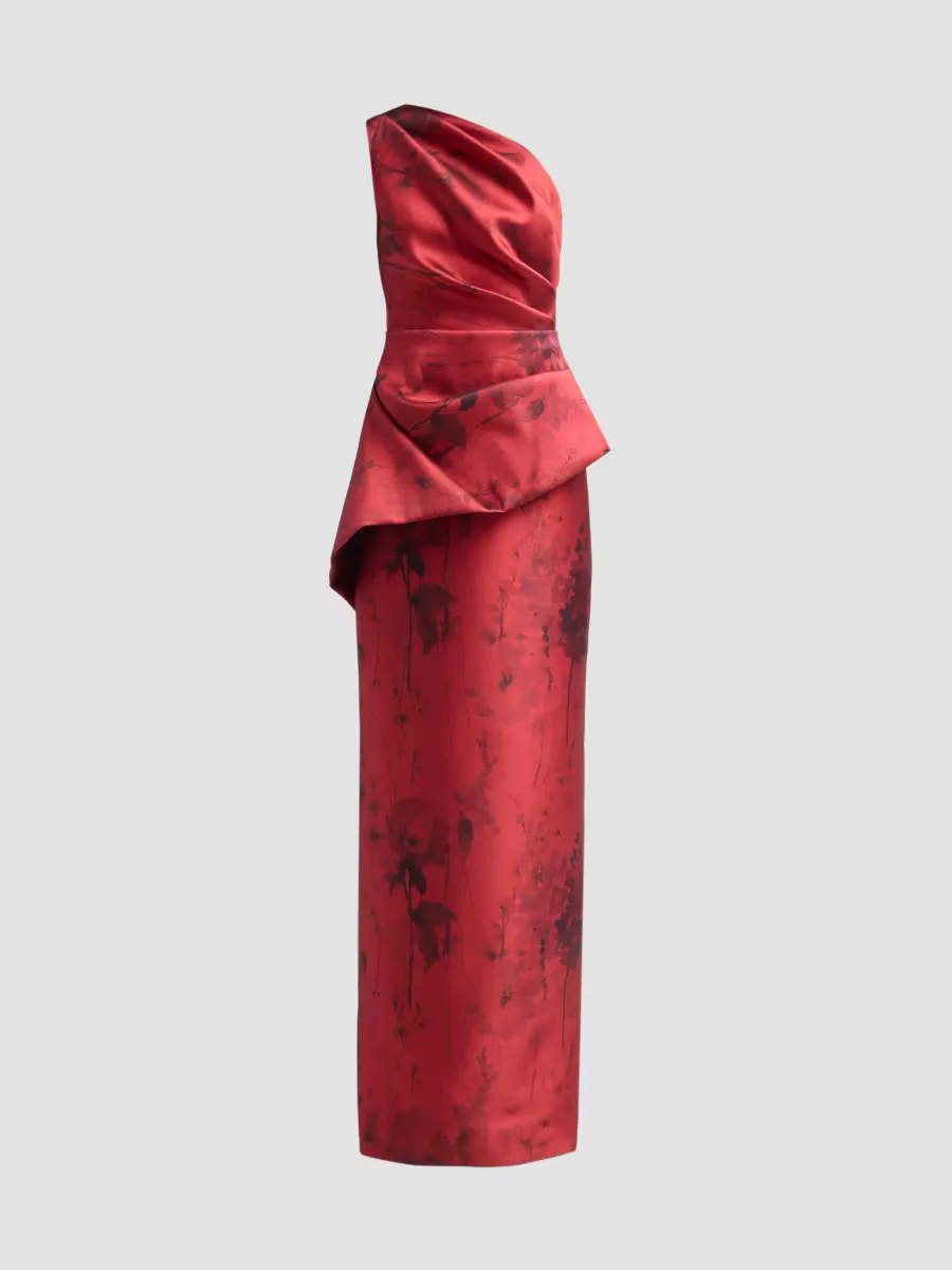 Satin Floral One-Shoulder Gown by Teri Jon
